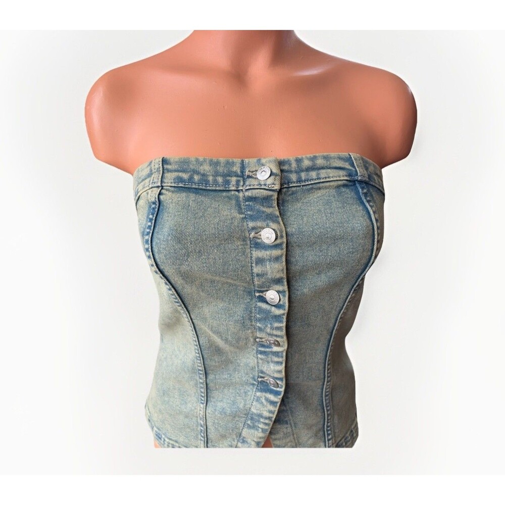 H&M Divided Denim Bandeau Tube Top Corset Style Button Up Light Wash Size S - Picture 3 of 6
